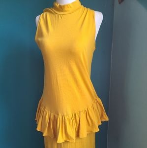 NWT deadatock vintage 1980s peplum dress, button back, yellow, mockneck